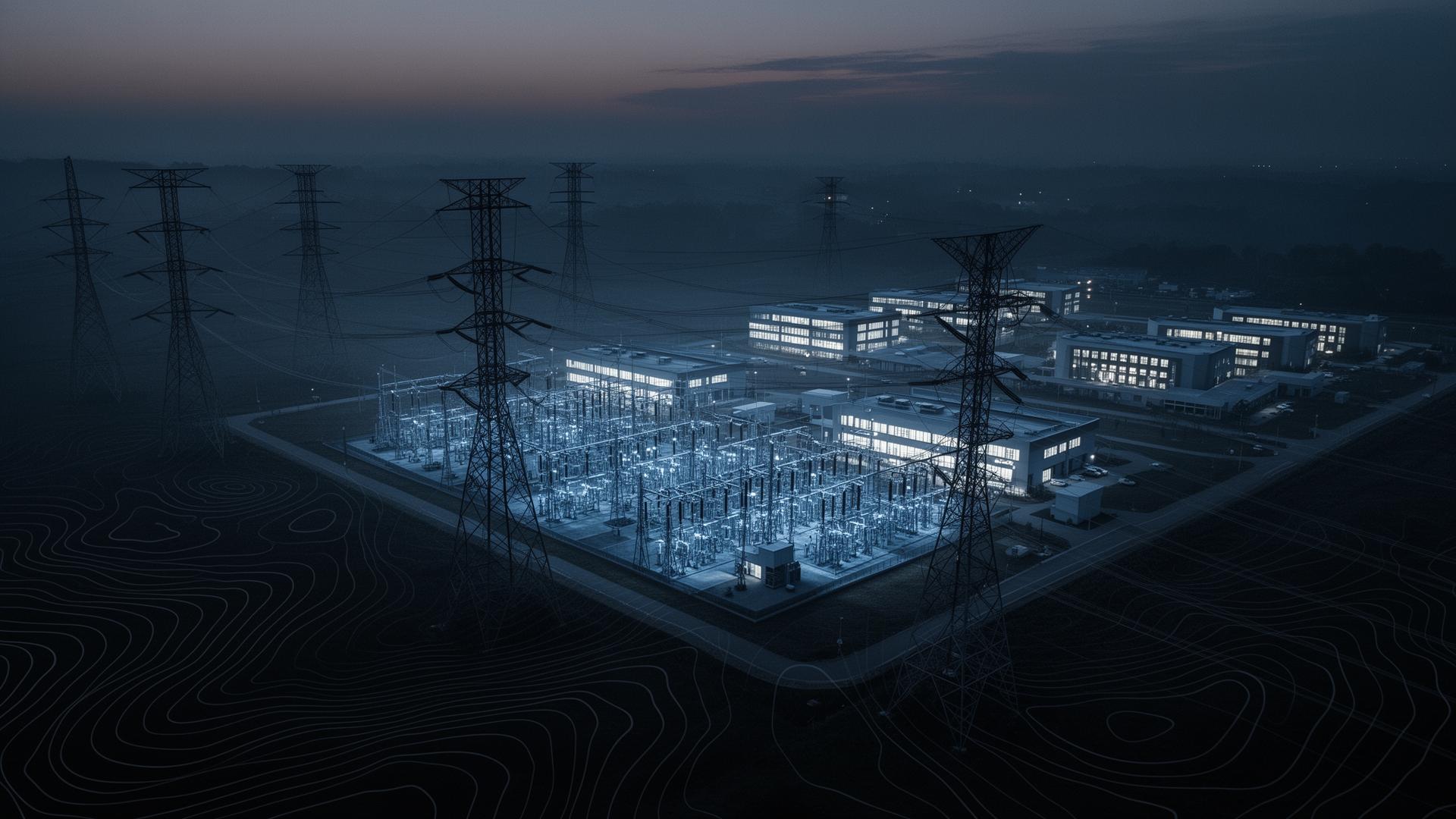 Substation and transmission infrastructure at dusk