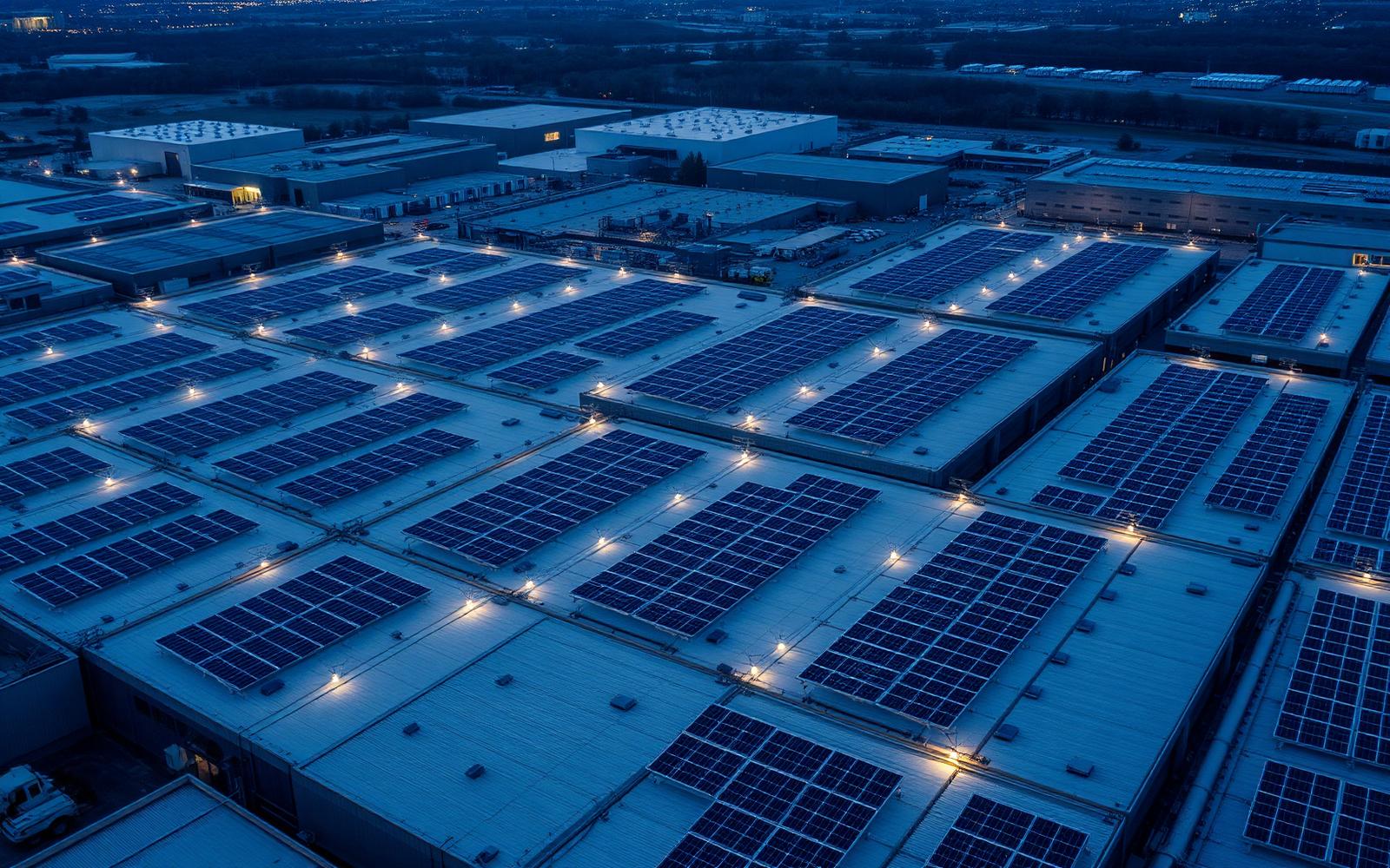 Industrial rooftop solar arrays at twilight