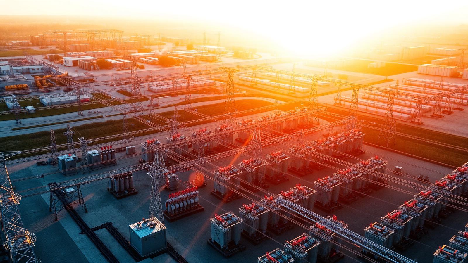 Aerial view of substation transformer yard at golden hour